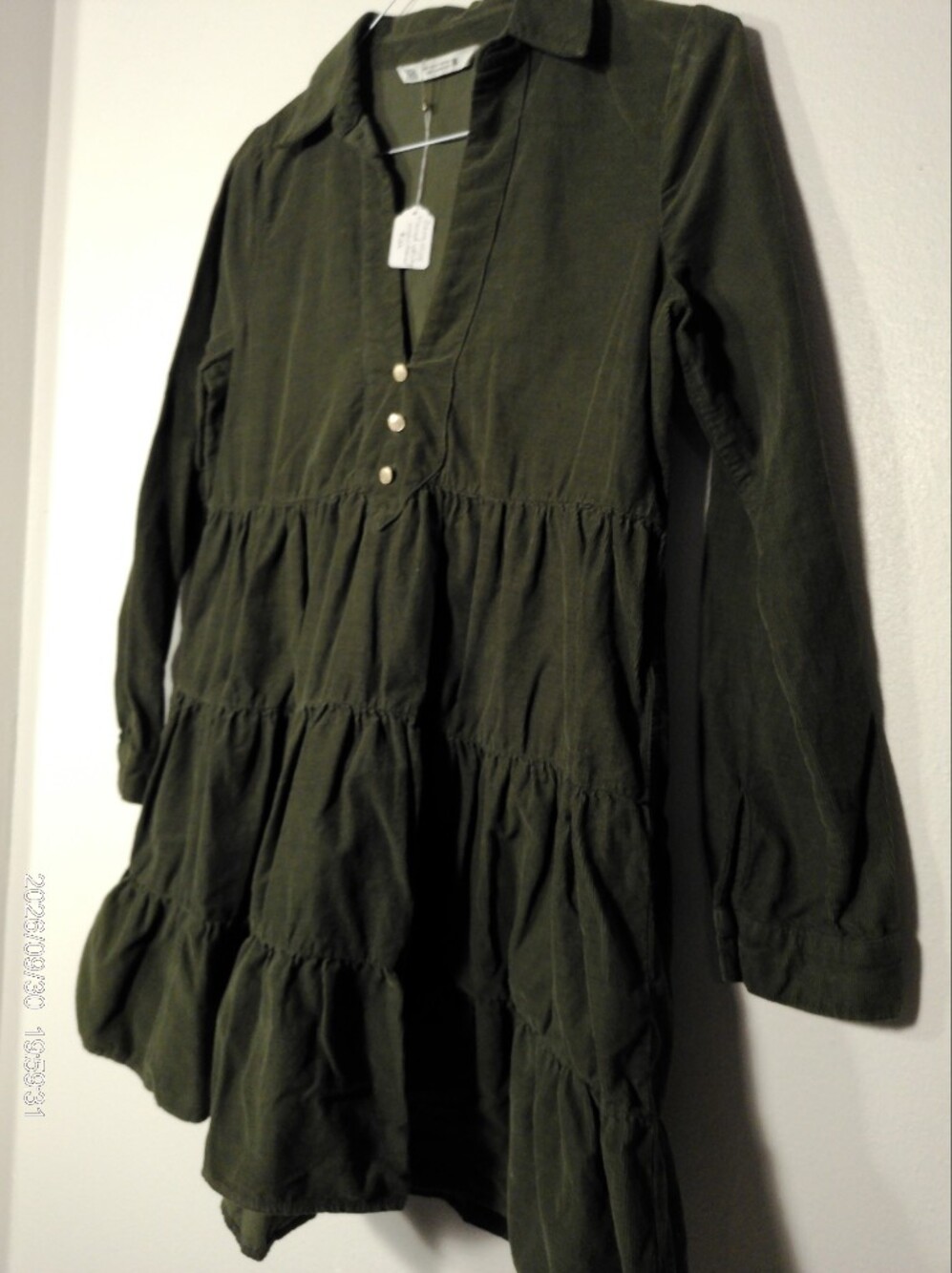 Zara Khaki Green Tiered Mini Shirt Dress XS